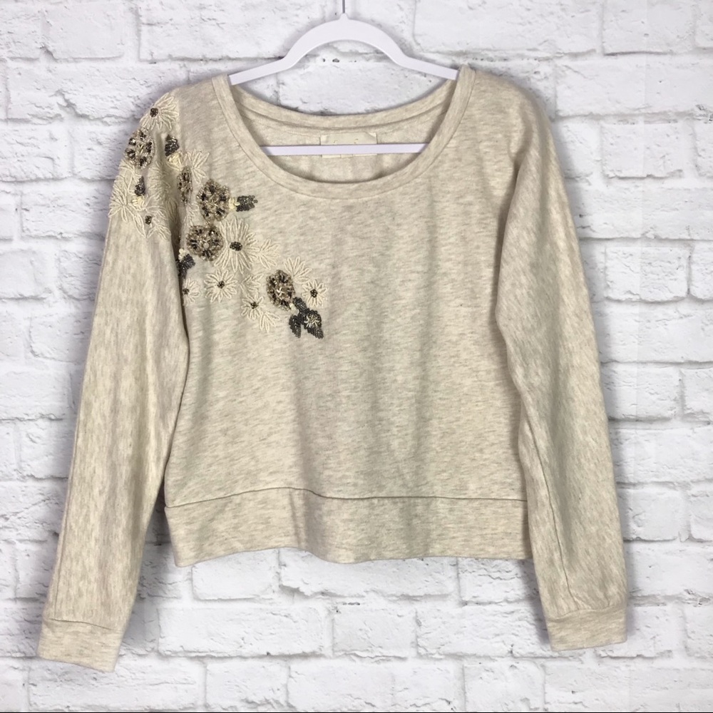 Love Sam Beaded Cream Floral Scoop Neck Long Sleeve Cotton Blend Crop Blouse Top